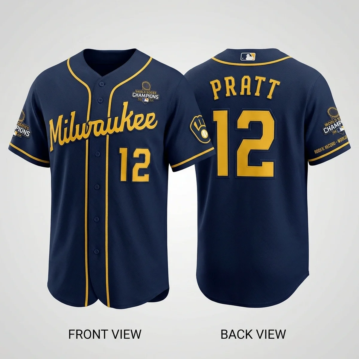 brewers pratt 12 2026 ws rookie record baseball jersey 1 Cooper Pratt 12 Milwaukee Brewers 2026 World Series Rookie Record Baseball Jersey - Front View Main Mockup