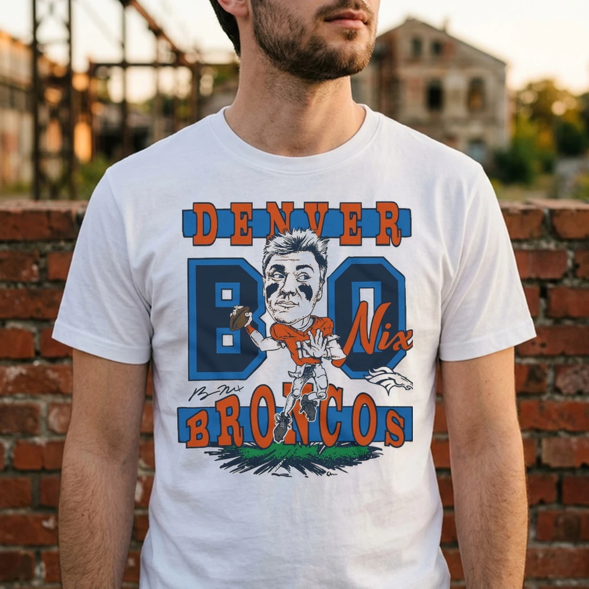 broncos bo nix signature throw tshirt white male3 Broncos Bo Nix Signature Throw Shirt - Lifestyle Model Mockup