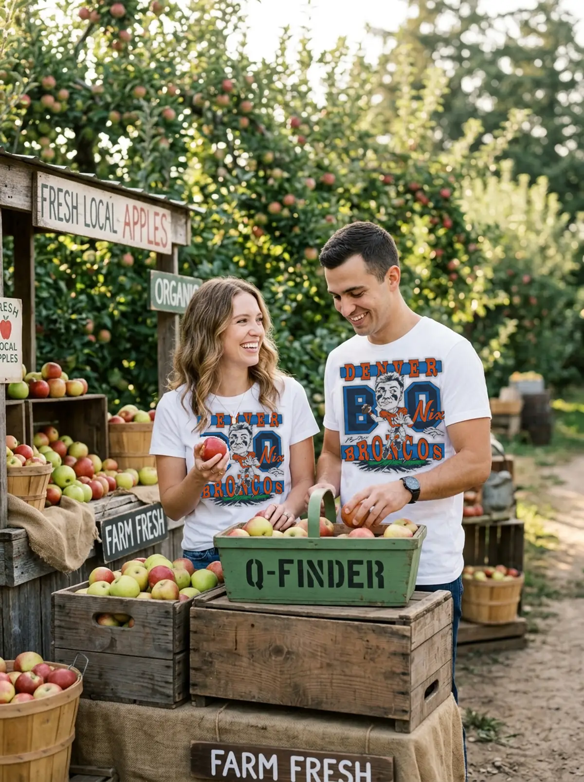 broncos bo nix signature throw white tshirt farmers market couple Broncos Bo Nix Signature Throw Shirt - Back or Alternative Angle Mockup