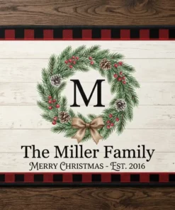 Buffalo Plaid Farmhouse Evergreen Wreath Monogram Christmas Doormat - Close-up Graphic Detail Mockup