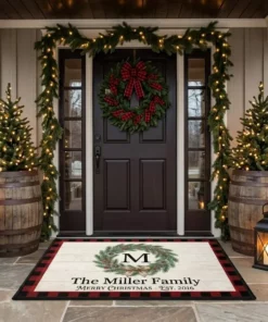 Buffalo Plaid Farmhouse Evergreen Wreath Monogram Christmas Doormat - Front View Main Mockup