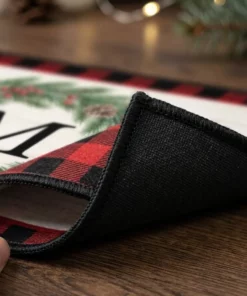 Buffalo Plaid Farmhouse Evergreen Wreath Monogram Christmas Doormat - Lifestyle Model Mockup