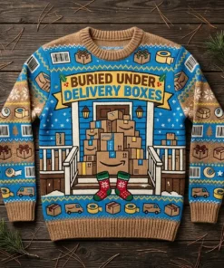 Buried Under Amazon Delivery Boxes Holiday Shopping Wall Ugly Christmas Sweater - Front View Main Mockup