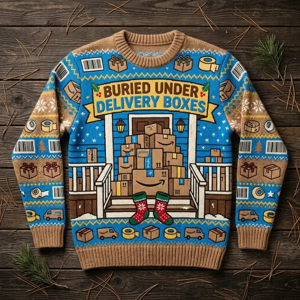 buried under amazon delivery boxes ugly christmas sweater 1 Buried Under Amazon Delivery Boxes Holiday Shopping Wall Ugly Christmas Sweater - Front View Main Mockup