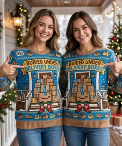 Buried Under Amazon Delivery Boxes Holiday Shopping Wall Ugly Christmas Sweater - Lifestyle Model Mockup