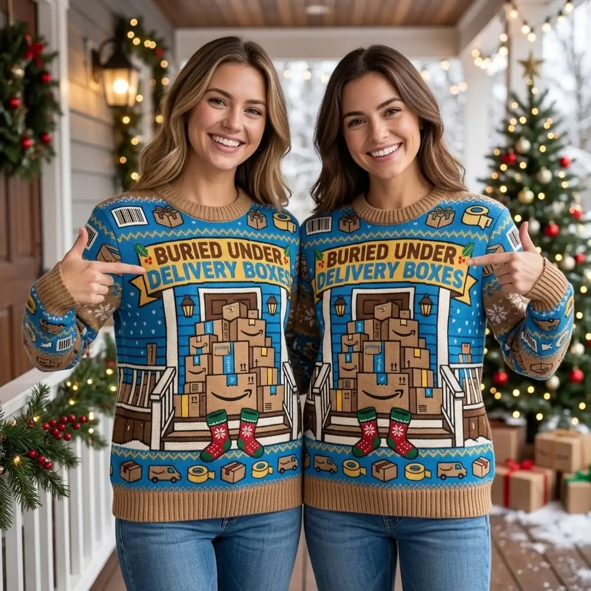Buried Under Amazon Delivery Boxes Holiday Shopping Wall Ugly Christmas Sweater - Design Preview
