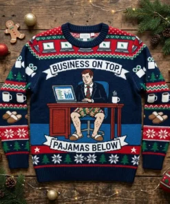 Business On Top Pajamas Below Zoom Holiday Meeting Ugly Christmas Sweater - Front View Main Mockup