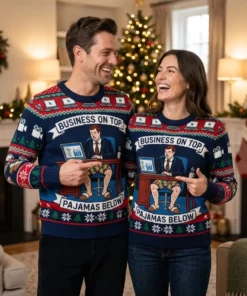 Business On Top Pajamas Below Zoom Holiday Meeting Ugly Christmas Sweater - Lifestyle Model Mockup