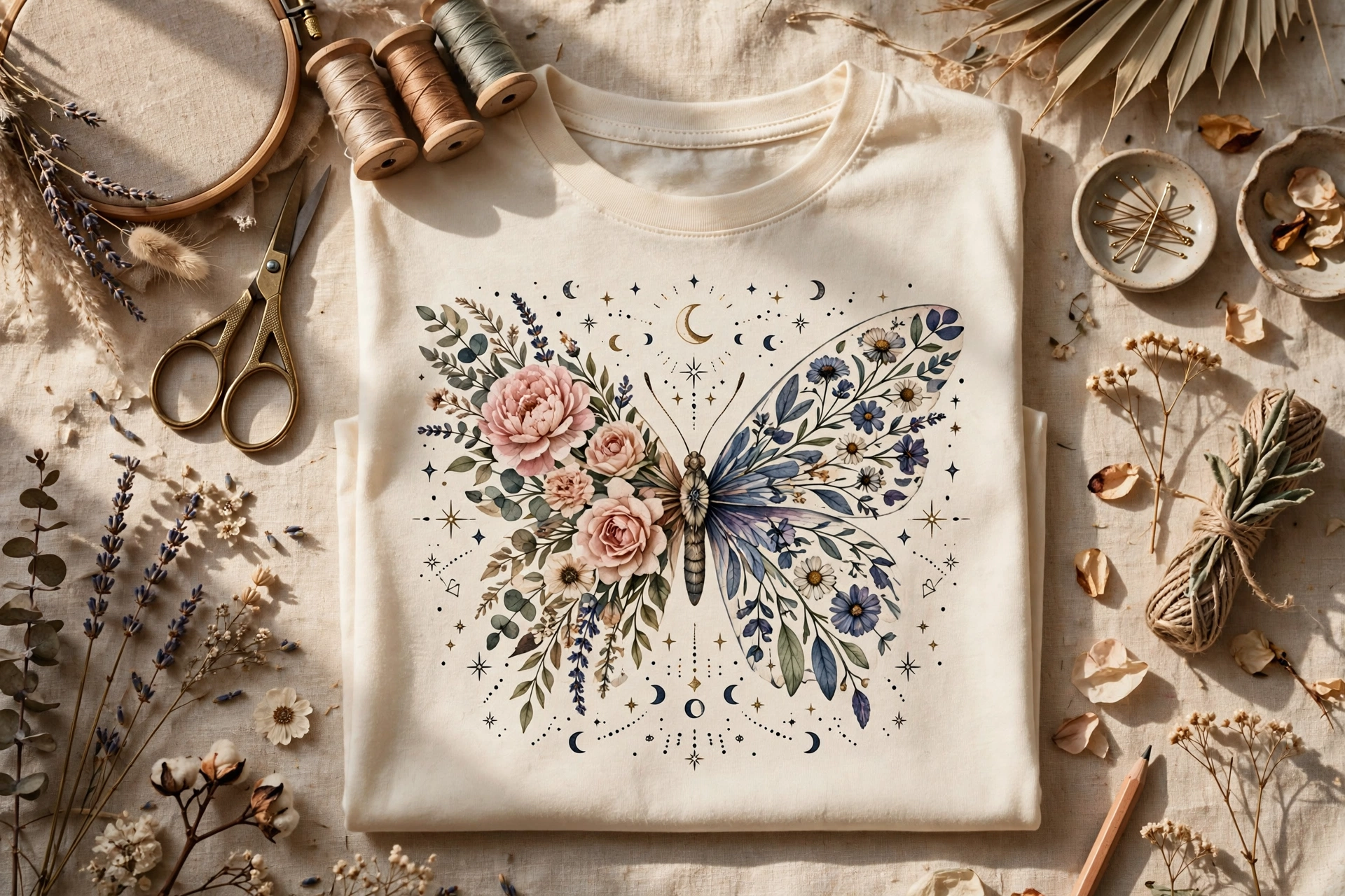 Boho butterfly t-shirt design with floral wings and celestial details