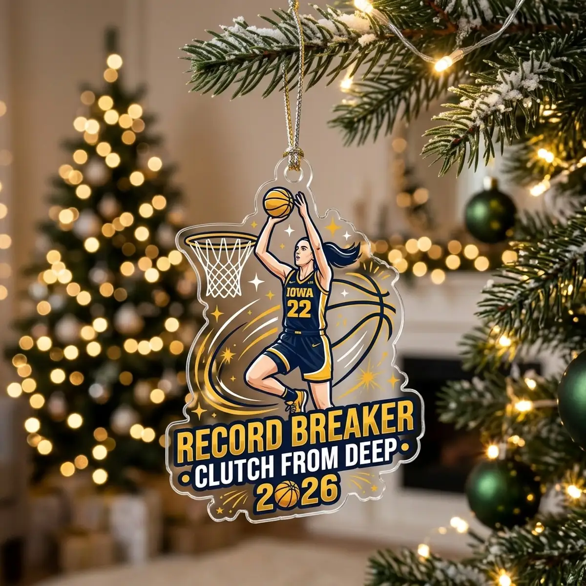caitlin clark indiana fever 22 record breaker 2026 custom acrylic ornament hero Caitlin Clark Indiana Fever 22 Record-Breaker Deep Three 2026 Custom Acrylic Ornament - Front View Main Mockup