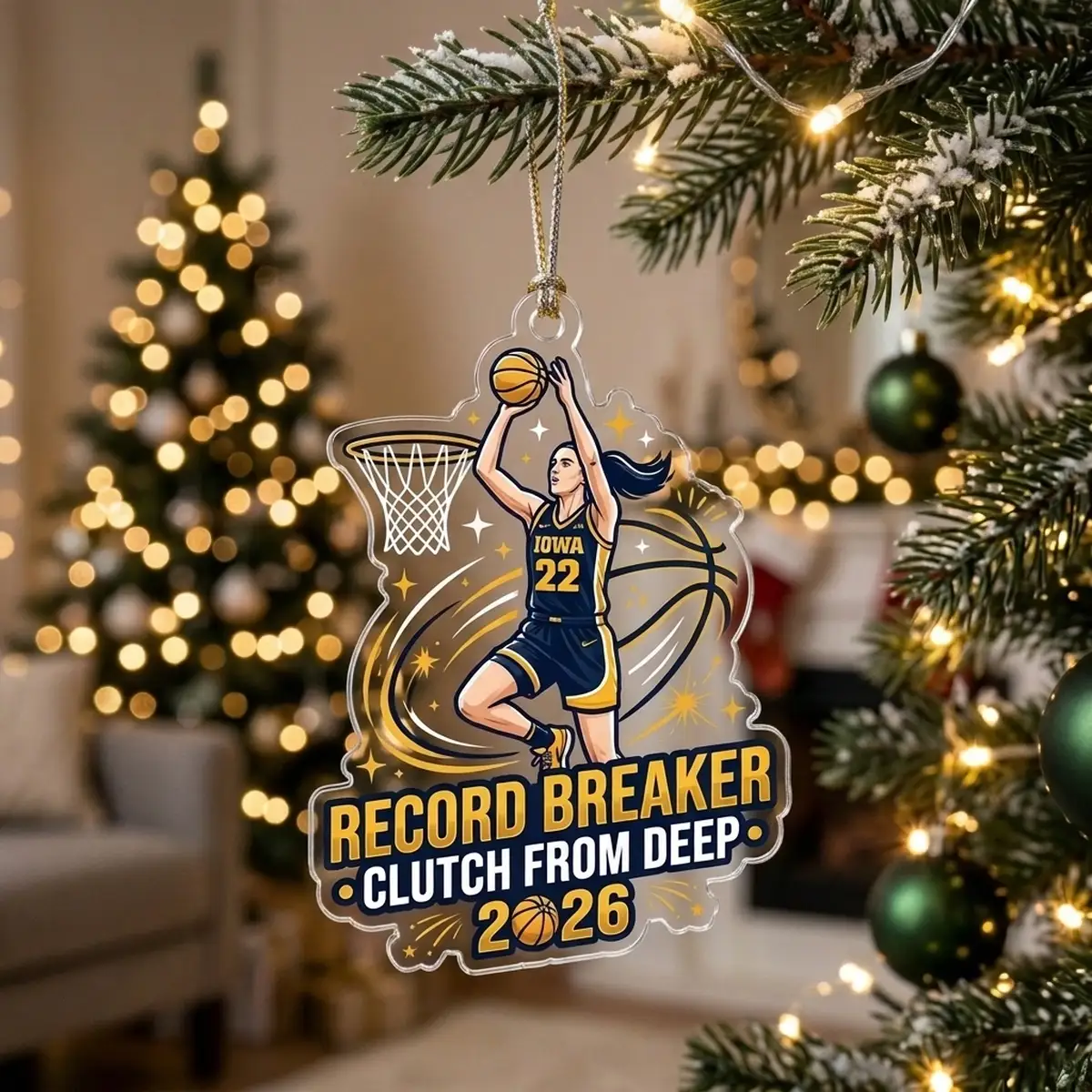 caitlin clark indiana fever 22 record breaker 2026 custom acrylic ornament lifestyle Caitlin Clark Indiana Fever 22 Record-Breaker Deep Three 2026 Custom Acrylic Ornament - Lifestyle Model Mockup
