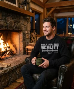 cam schlittler built for this schlitt black sweatshirt stone fireplace