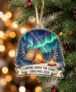 Camping Retro Tent Under Northern Lights Aurora Borealis 2026 Custom Acrylic Ornament - Front View Main Mockup