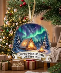 Camping Retro Tent Under Northern Lights Aurora Borealis 2026 Custom Acrylic Ornament - Lifestyle Model Mockup