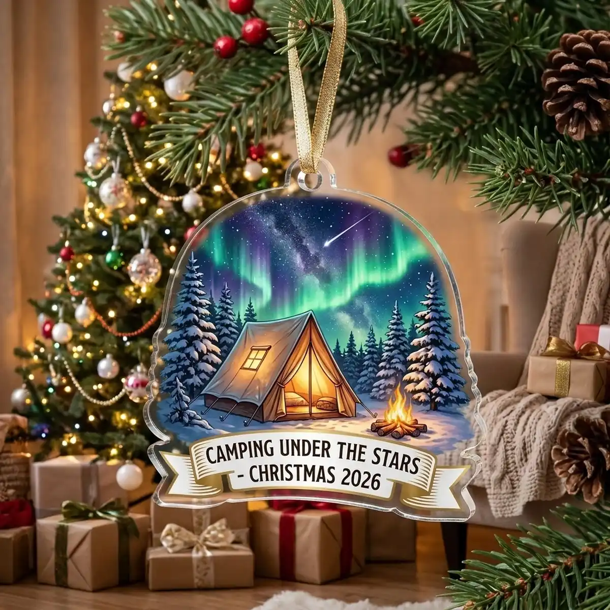 camping retro tent northern lights aurora 2026 custom acrylic ornament lifestyle Camping Retro Tent Under Northern Lights Aurora Borealis 2026 Custom Acrylic Ornament - Lifestyle Model Mockup