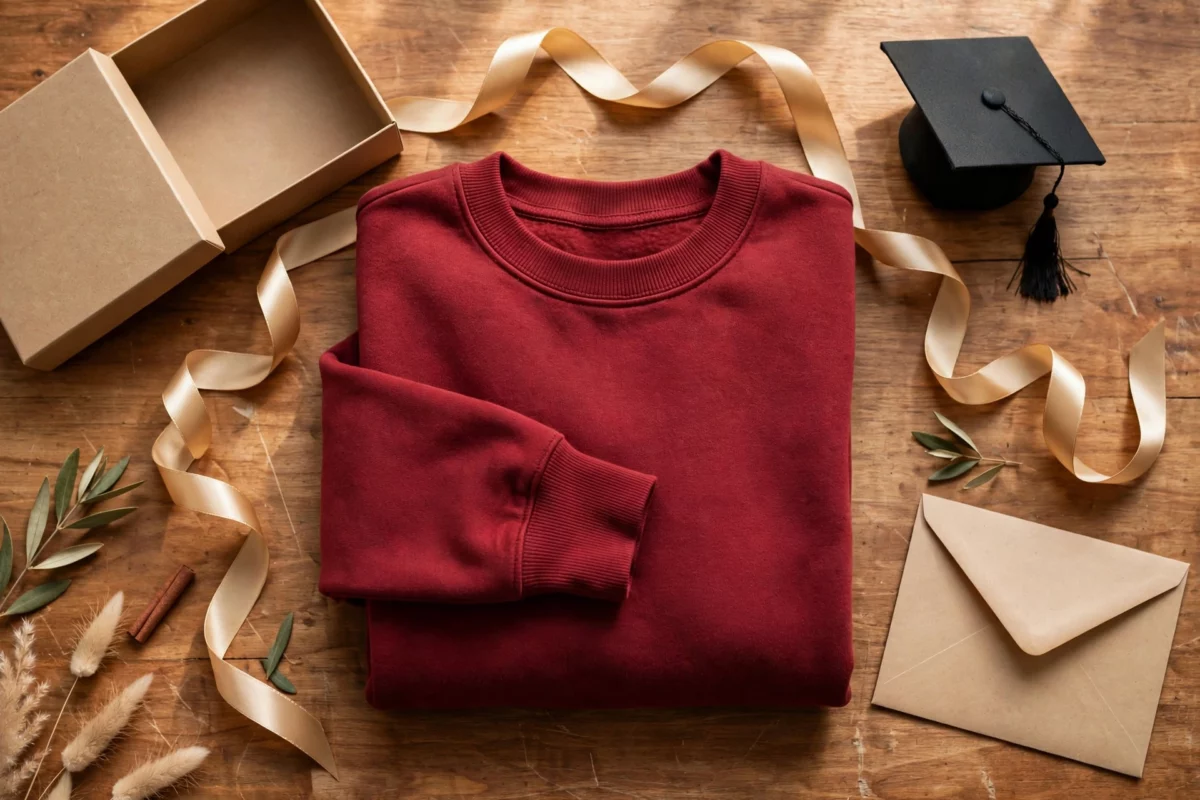 A folded cardinal-red university sweatshirt arranged as a gift with a gift box, ribbon, and graduation cap