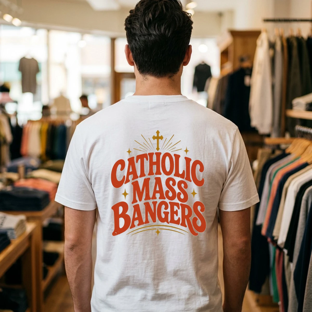 catholic mass bangers tshirt white male back Catholic Mass Bangers Shirt - Front View Main Mockup