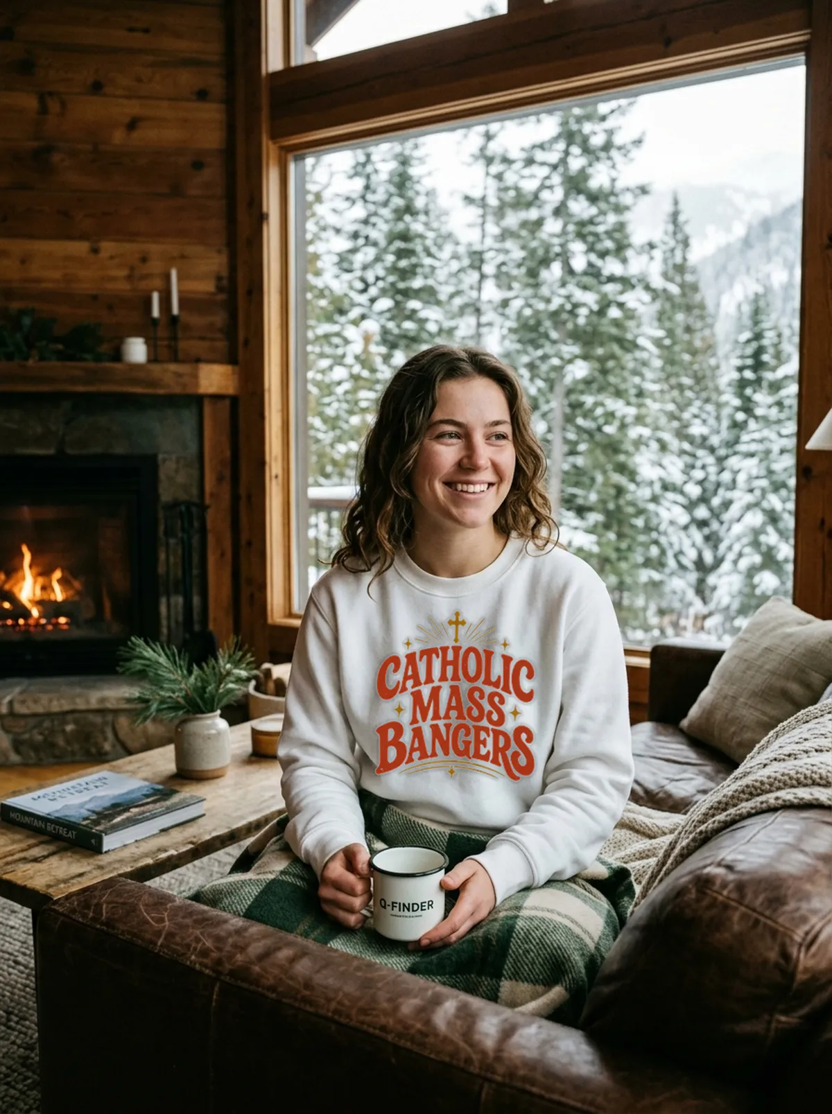 catholic mass bangers white sweatshirt cabin Catholic Mass Bangers Shirt - Close-up Graphic Detail Mockup