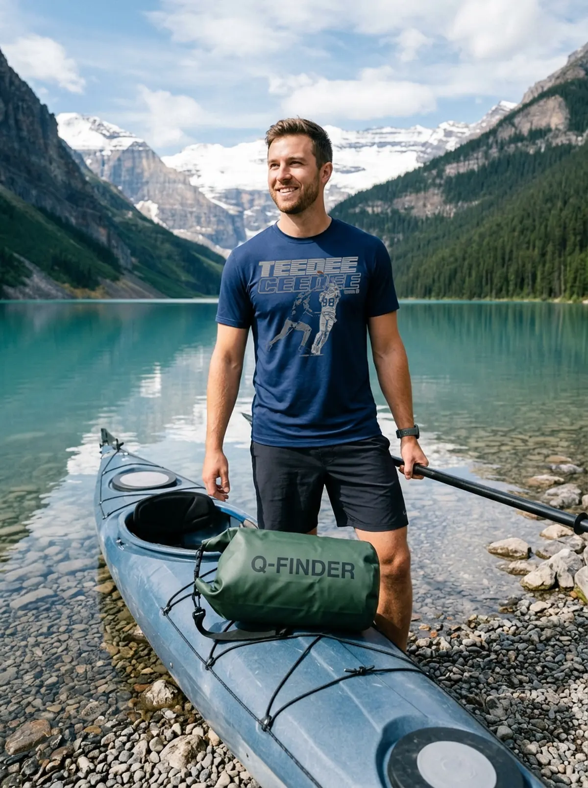 ceedee lamb teedee blue tshirt kayak shore CeeDee Lamb TeeDee T-Shirt - Front View Main Mockup