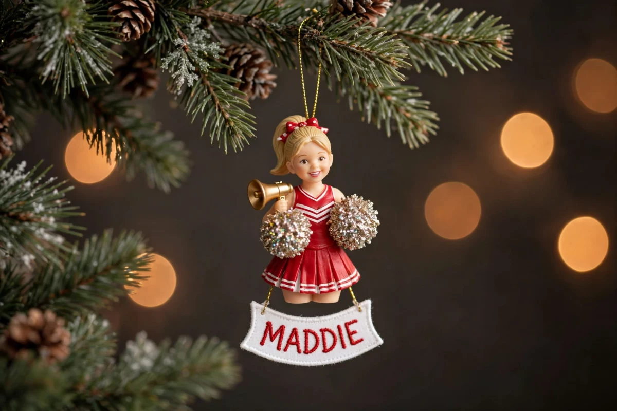 Personalized cheerleader Christmas ornament with pom-poms and megaphone hanging on a Christmas tree