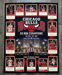 Chicago Bulls 6x NBA Champions United Center Legends Facsimile Signatures Fleece Throw Blanket - Close-up Graphic Detail Mockup