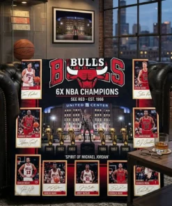 Chicago Bulls 6x NBA Champions United Center Legends Facsimile Signatures Fleece Throw Blanket - Front View Main Mockup