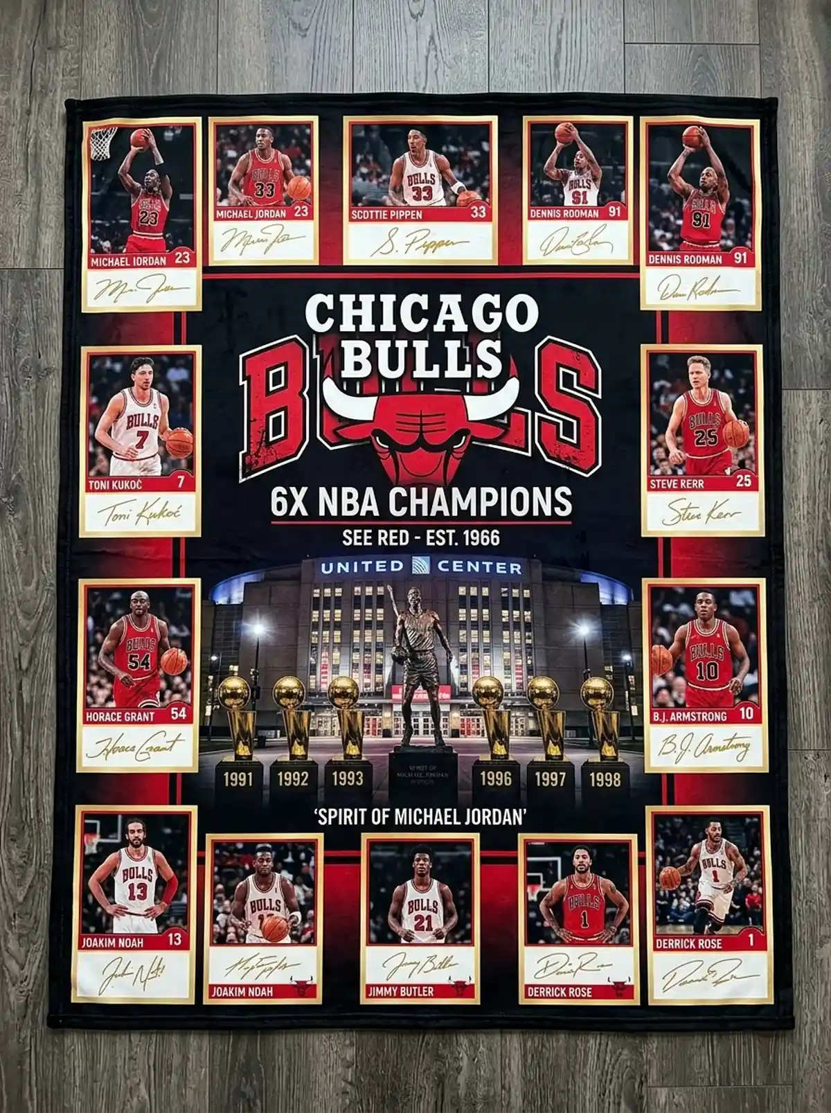 chicago bulls 6x nba champions united center legends facsimile signatures fleece throw blanket Chicago Bulls 6x NBA Champions United Center Legends Facsimile Signatures Fleece Throw Blanket - Close-up Graphic Detail Mockup