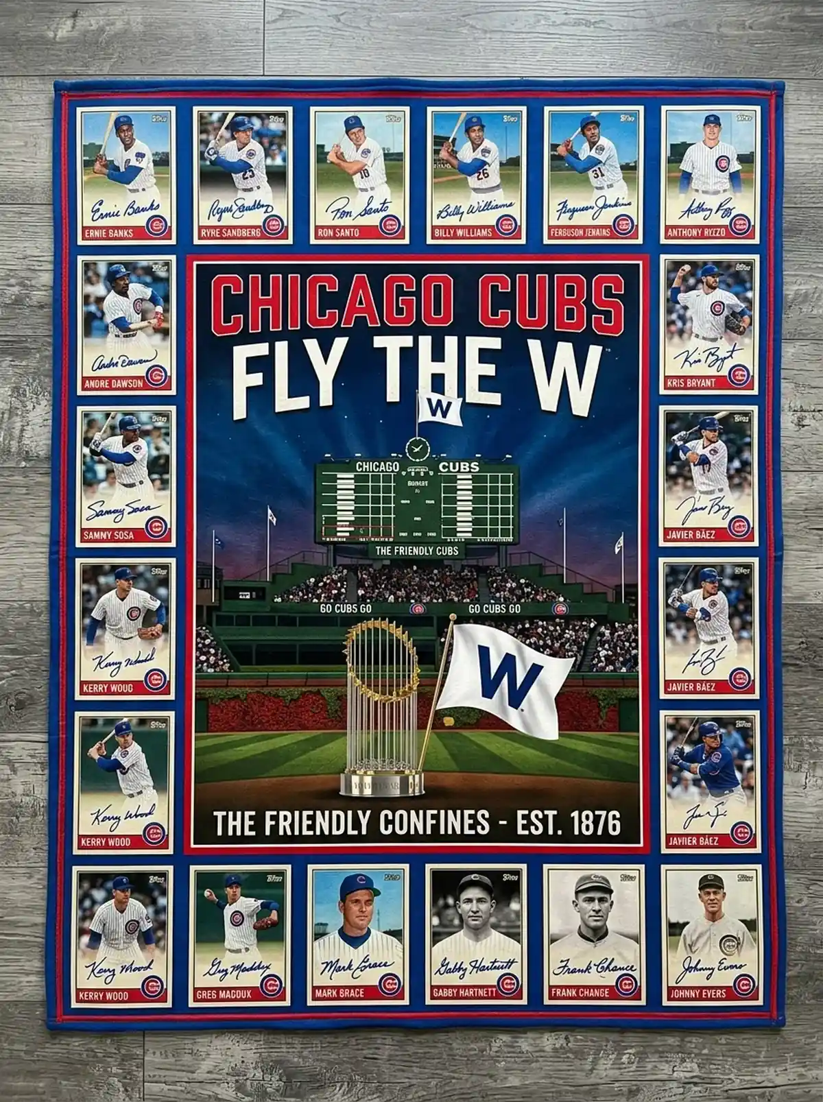 chicago cubs wrigley field friendly confines legends facsimile signatures fleece throw blanket Chicago Cubs Wrigley Field Friendly Confines Legends Facsimile Signatures Fleece Throw Blanket - Close-up Graphic Detail Mockup