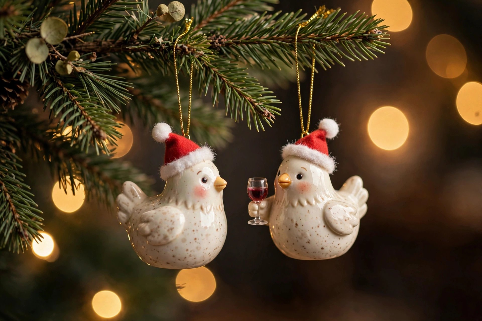 Two cute ceramic hen Christmas ornaments wearing Santa hats, one holding a tiny wine glass, hanging on a Christmas tree branch
