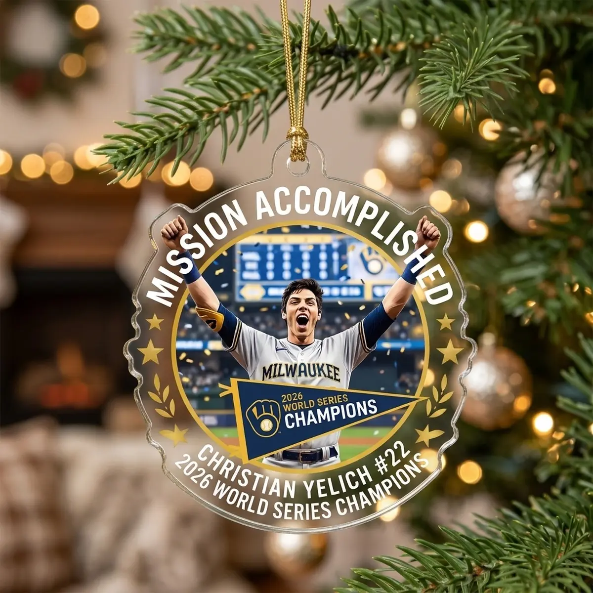 Christian Yelich Mission Accomplished 2026 World Series Champions Brewers Custom Acrylic Ornament - Design Preview