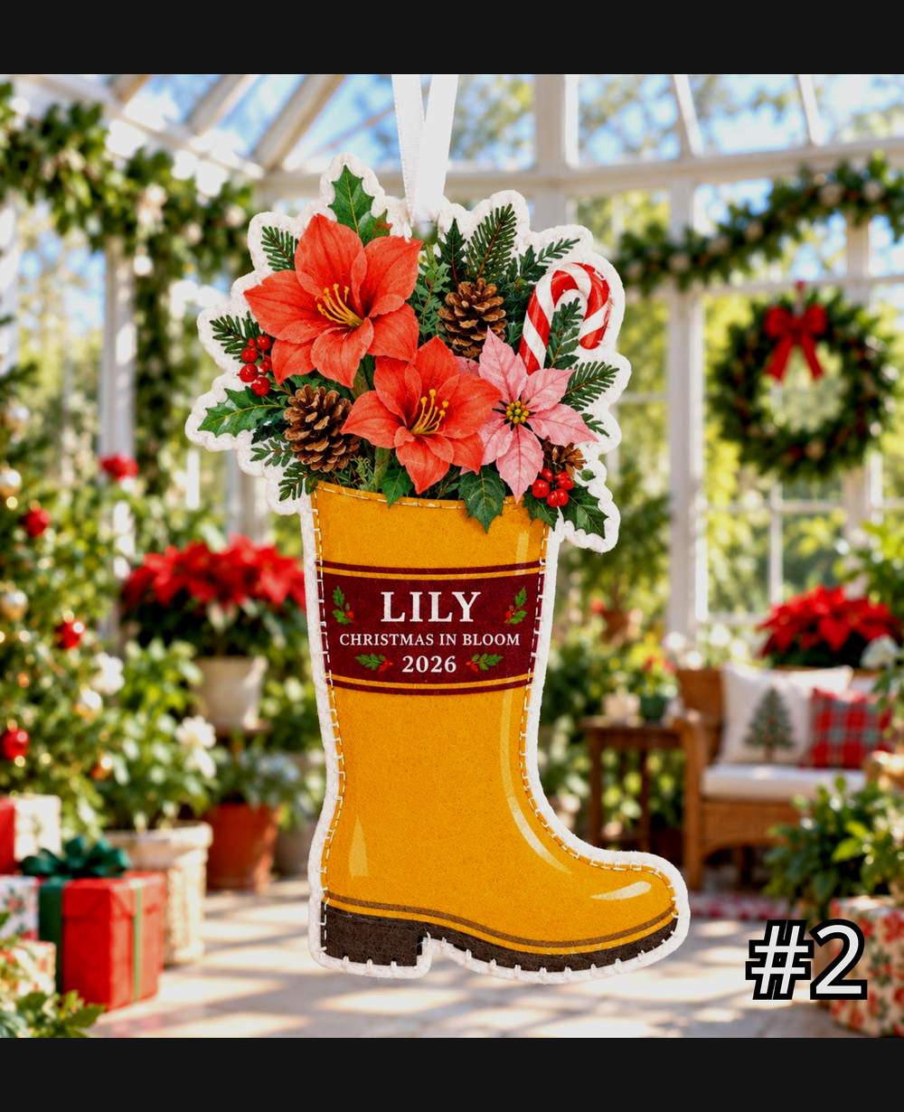 Christmas Garden Boot Floral Custom Shape Felt Holiday Tree Ornament - Design Preview