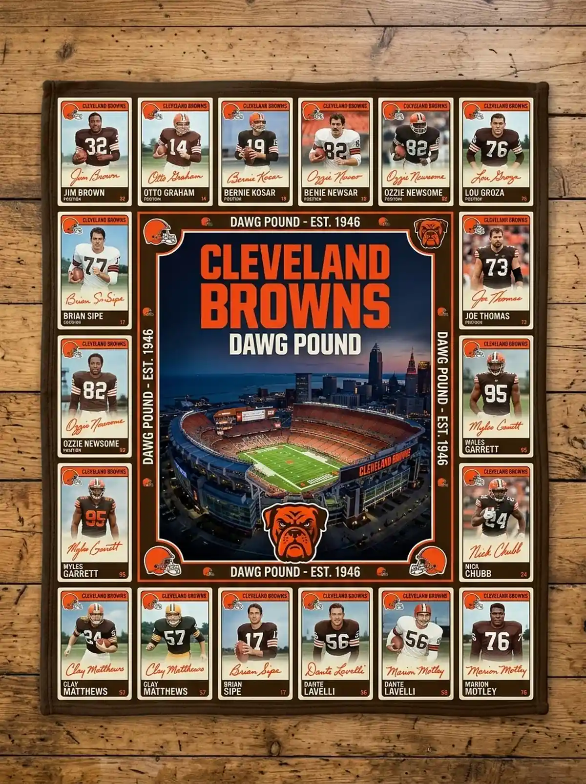 cleveland browns dawg pound cleveland browns stadium legends facsimile signatures fleece throw blanket Cleveland Browns Dawg Pound Cleveland Browns Stadium Legends Facsimile Signatures Fleece Throw Blanket - Close-up Graphic Detail Mockup
