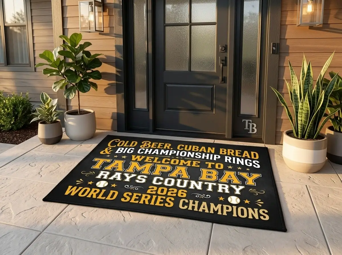 cold beer cuban bread championship rings welcome to tampa bay rays country doormat mockup 2 Cold Beer Cuban Bread Championship Rings Welcome To Tampa Bay Rays Country Doormat - Front View Main Mockup
