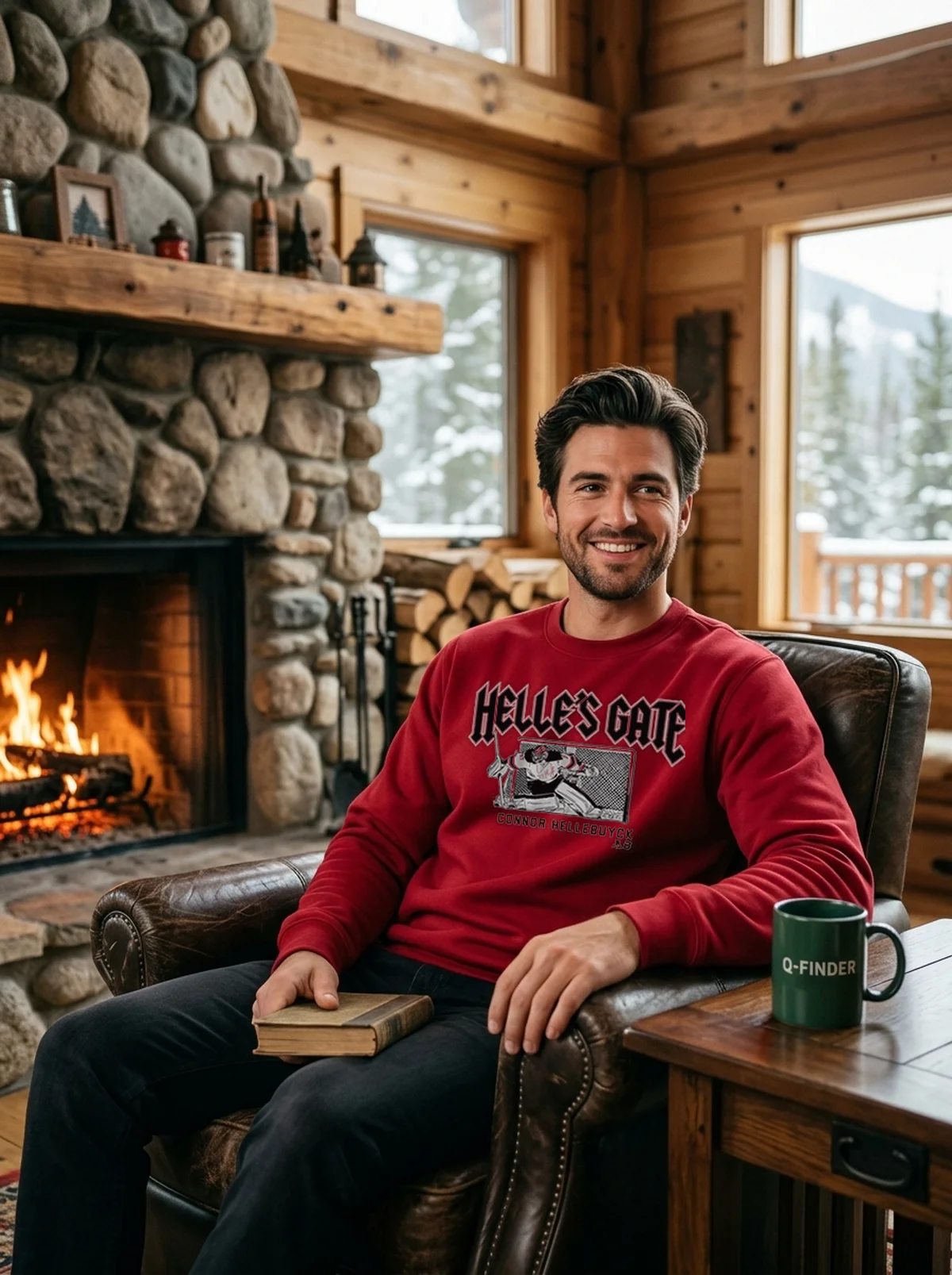 connor hellebuyck helle s gate red sweatshirt cabin fireplace Connor Hellebuyck HelleS Gate Shirt - Close-up Graphic Detail Mockup