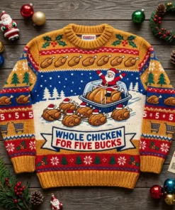 Costco Rotisserie Chicken Sleigh Five Dollar Feast Ugly Christmas Sweater - Front View Main Mockup