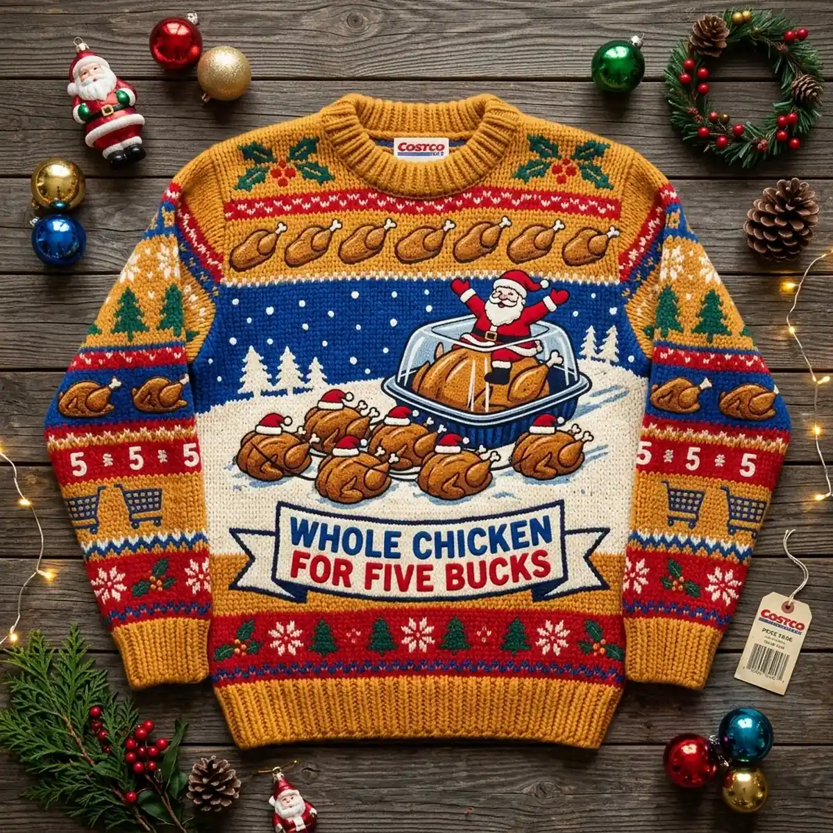 costco rotisserie chicken sleigh five dollar feast ugly christmas sweater 1 Costco Rotisserie Chicken Sleigh Five Dollar Feast Ugly Christmas Sweater - Front View Main Mockup