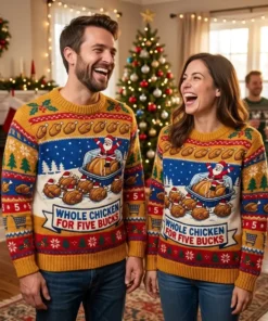 Costco Rotisserie Chicken Sleigh Five Dollar Feast Ugly Christmas Sweater - Lifestyle Model Mockup