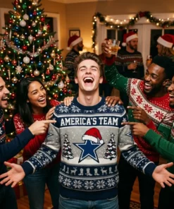 Cowboys Americas Team Lone Star Holiday Ugly Christmas Sweater - Close-up Graphic Detail Mockup