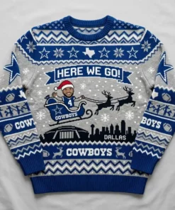 Cowboys Here We Go Santa Sleigh Ugly Christmas Sweater - Front View Main Mockup