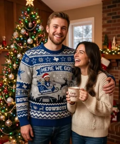 Cowboys Here We Go Santa Sleigh Ugly Christmas Sweater - Lifestyle Model Mockup