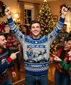 Cowboys Here We Go Santa Sleigh Ugly Christmas Sweater - Close-up Graphic Detail Mockup