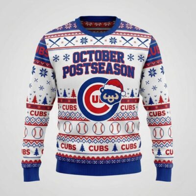 cubs baseball postseason october ugly christmas jumper festive winter sports crewneck 1
