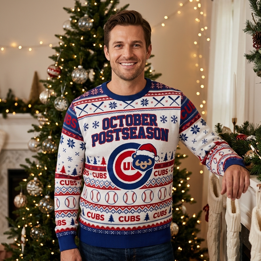 Cubs Baseball Postseason October Ugly Christmas Jumper Festive Winter Sports Crewneck - Design Preview