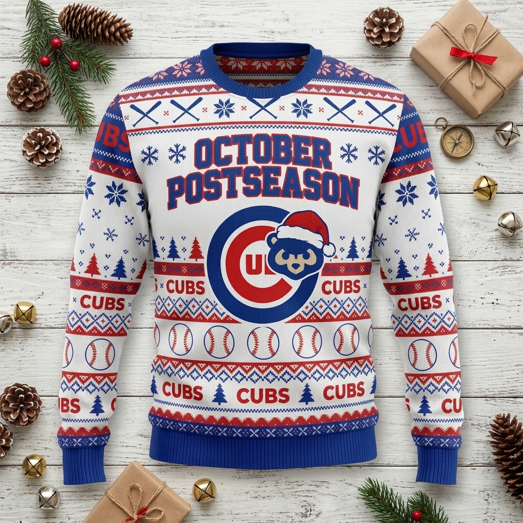 cubs baseball postseason october ugly christmas jumper festive winter sports crewneck 3 cubs baseball postseason october ugly christmas jumper festive winter sports crewneck 3