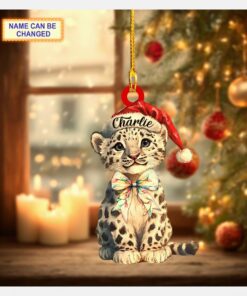 cute cheetah santa hat glitter bow christmas lights holiday tree ornament 2