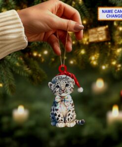 cute cheetah santa hat glitter bow christmas lights holiday tree ornament 3