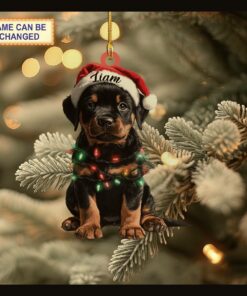 cute rottweiler dog santa hat christmas lights holiday tree ornament 1