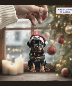 cute rottweiler dog santa hat christmas lights holiday tree ornament 2