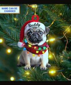 cute sitting pug puppy santa hat holiday dog lover christmas ornament 1