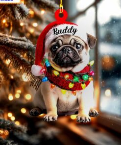 cute sitting pug puppy santa hat holiday dog lover christmas ornament 2